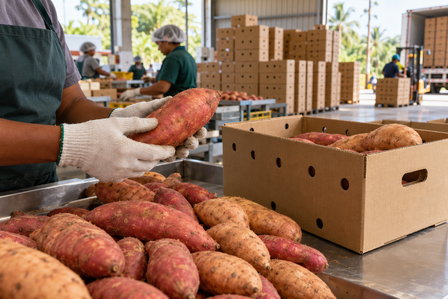 Illustrative inspection of sweet potatoes beside ventilated export cartons