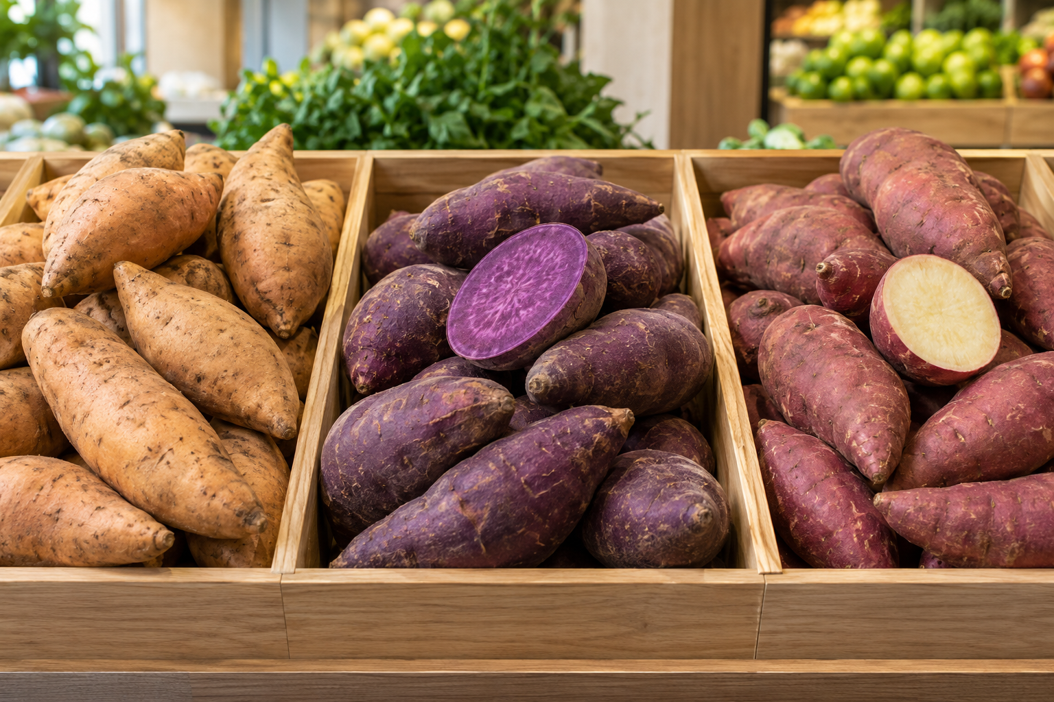 Illustrative display of tan, purple-fleshed, and cream-fleshed sweet potatoes in produce trays
